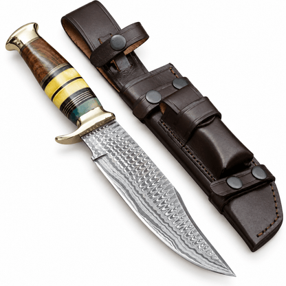 7 inch Damascus clip point blade with scale-like layered pattern
