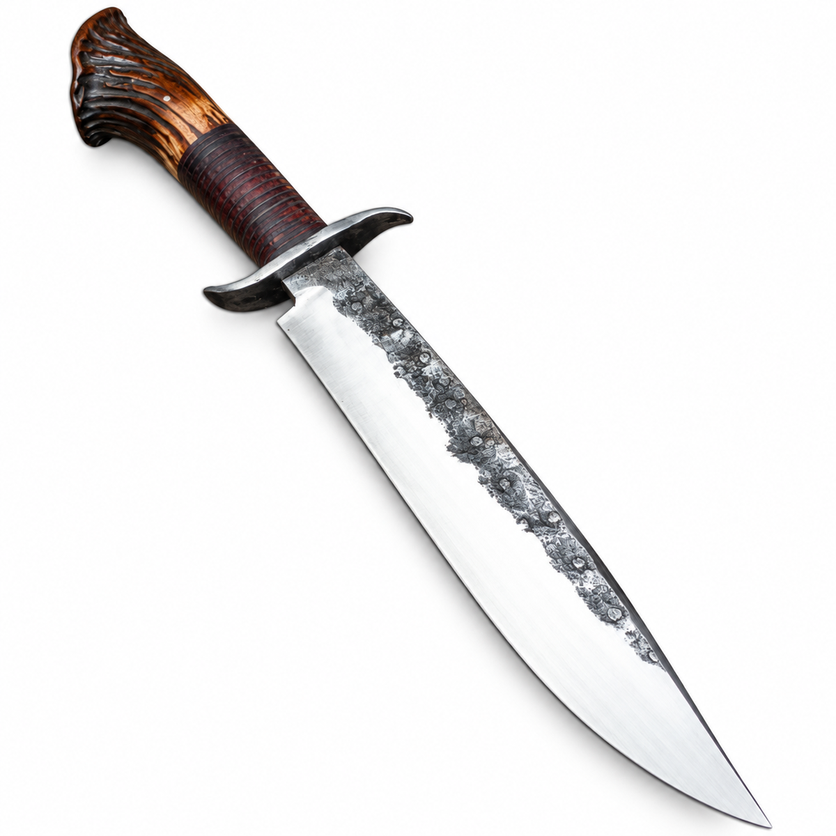 Large fixed blade hunting knife with a natural stag antler handle
