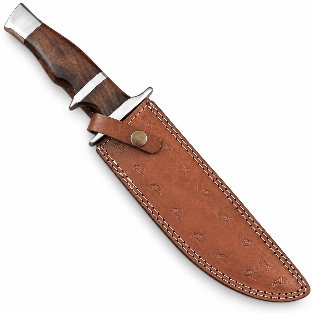 With sheath: Damascus steel fixed blade hunting knife beside its leather sheath