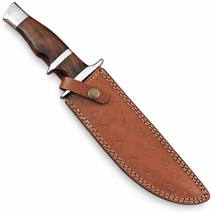 With sheath: Damascus steel fixed blade hunting knife beside its leather sheath