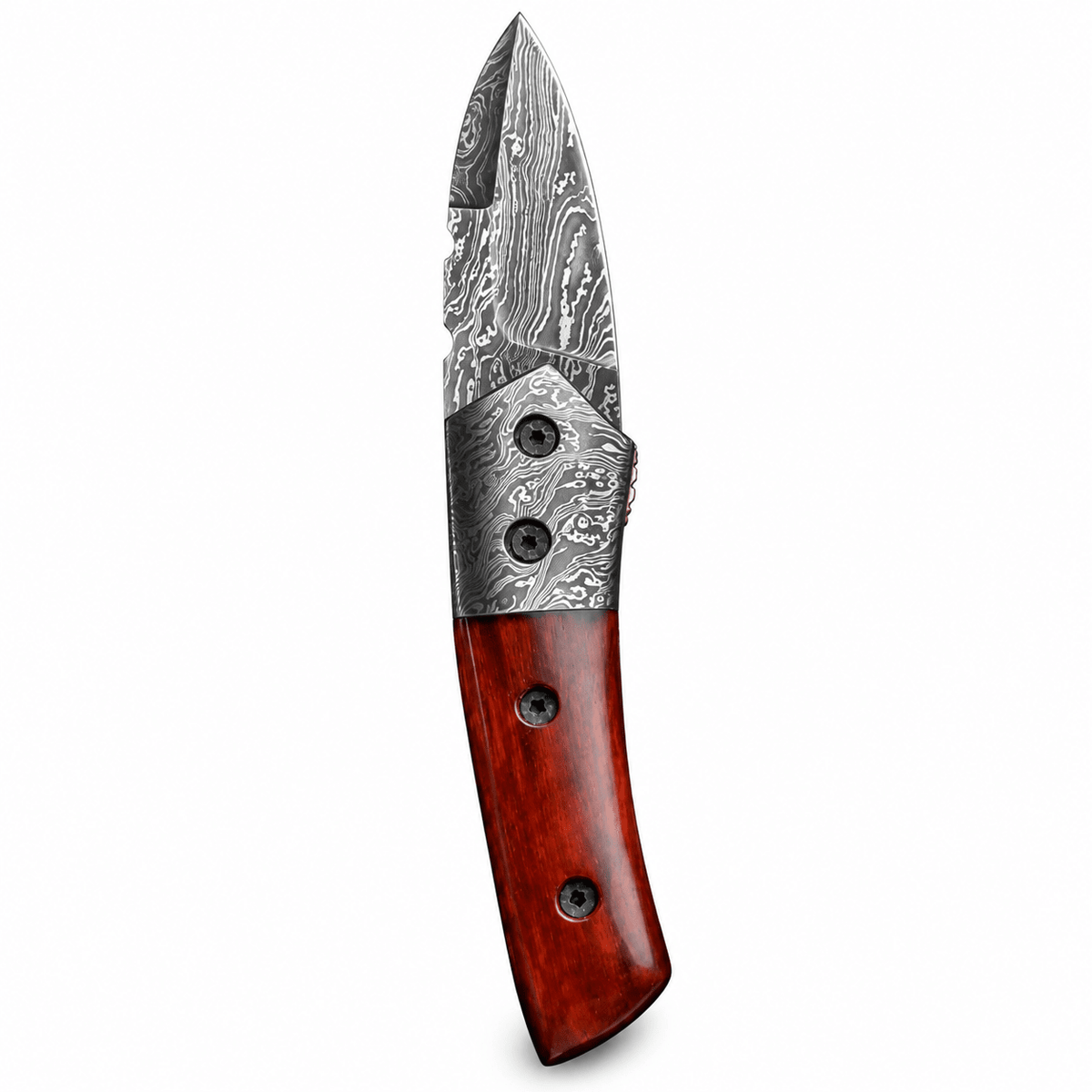 Damascus steel bolster with two pins on a wood handle pocket knife
