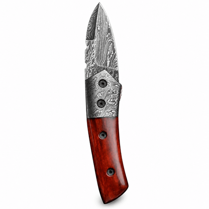 Damascus steel bolster with two pins on a wood handle pocket knife
