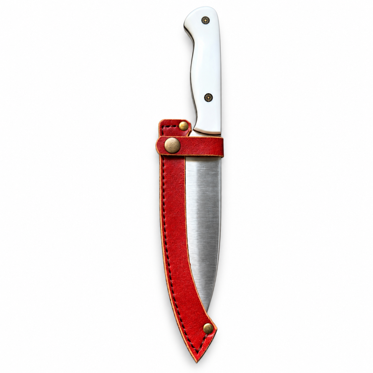 Red stitched leather sheath with brass snap strap and rivets

