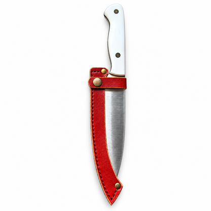 Red stitched leather sheath with brass snap strap and rivets
