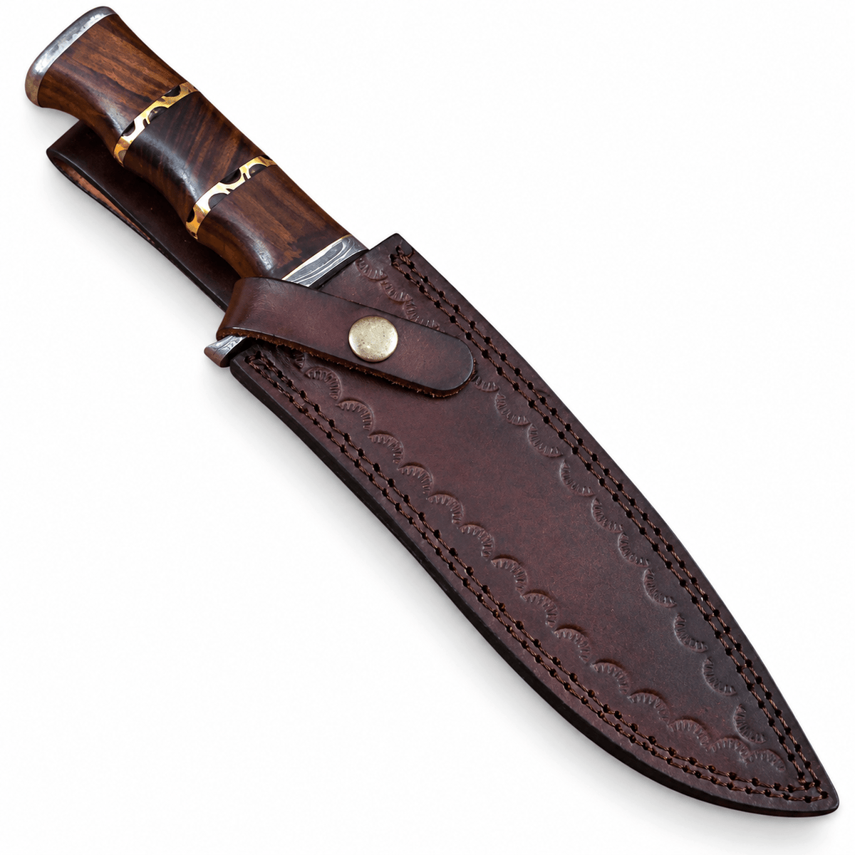 8 inch Bowie knife crossed over its tooled leather sheath with snap strap