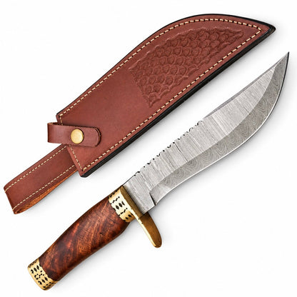 8 inch curved Damascus blade with wave pattern and notched spine
