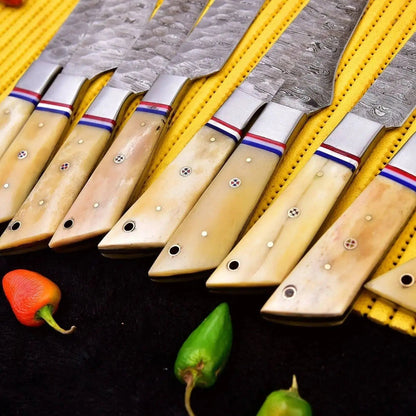 9-Piece Damascus Steel Chef Knife Set with Camel Bone Handle – Full Tang Kitchen Knives - Unique Blades Runner