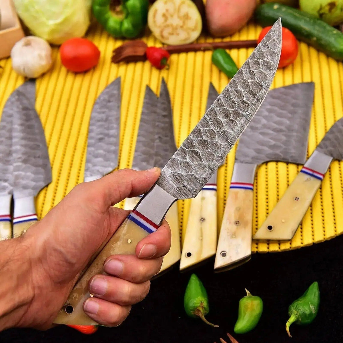 9-Piece Damascus Steel Chef Knife Set with Camel Bone Handle – Full Tang Kitchen Knives - Unique Blades Runner