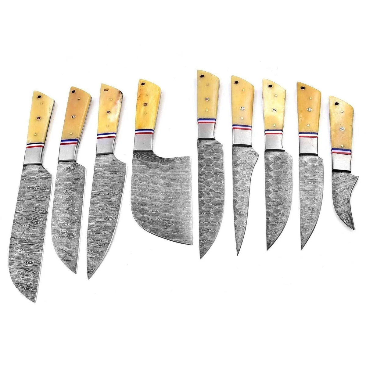 9-Piece Damascus Steel Chef Knife Set with Camel Bone Handle – Full Tang Kitchen Knives - Unique Blades Runner