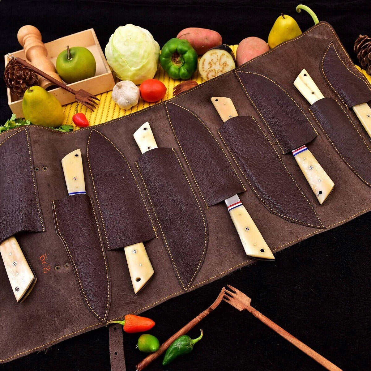 9-Piece Damascus Steel Chef Knife Set with Camel Bone Handle – Full Tang Kitchen Knives - Unique Blades Runner