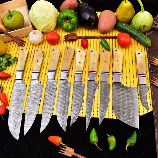 9-Piece Damascus Steel Chef Knife Set with Camel Bone Handle – Full Tang Kitchen Knives - Unique Blades Runner