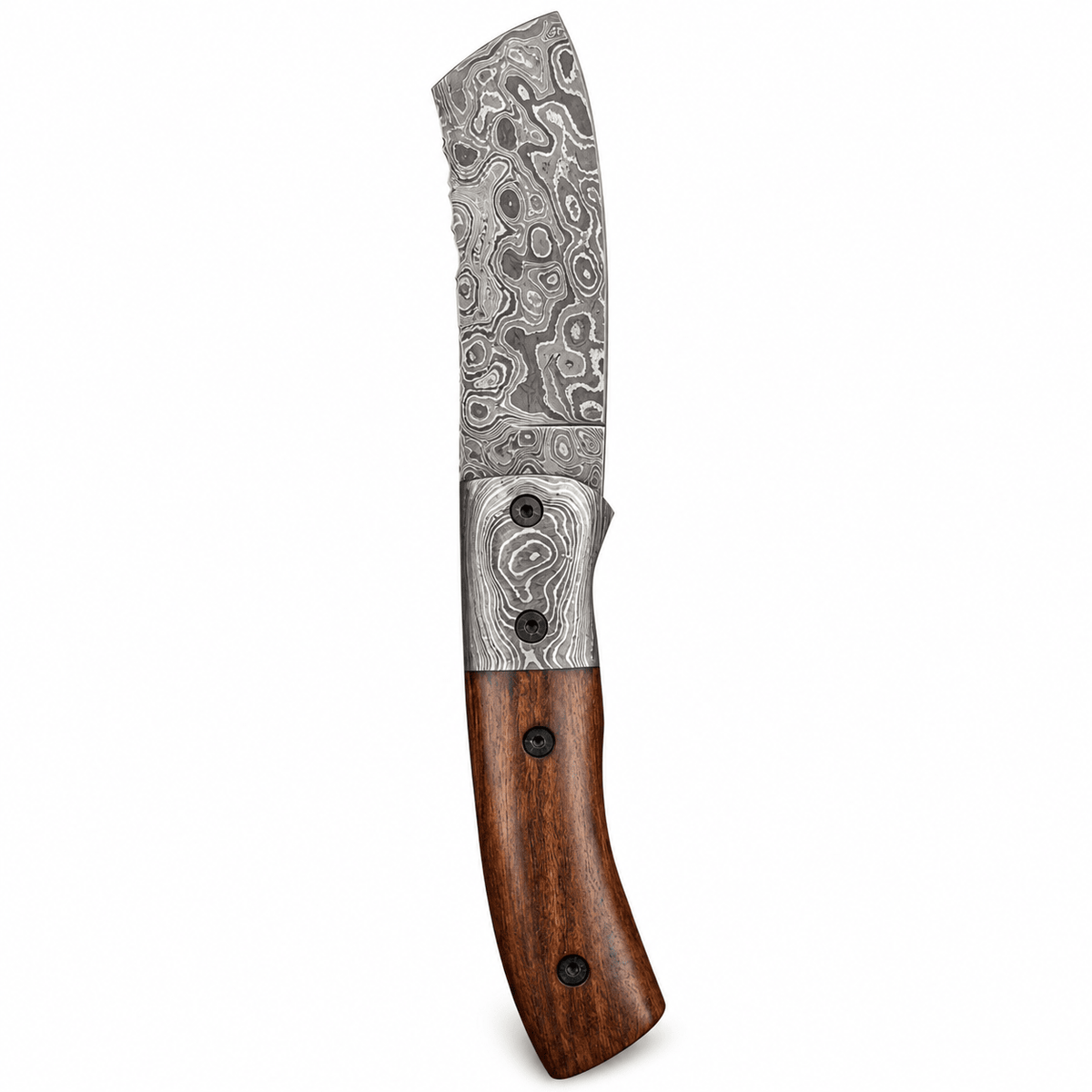 Damascus steel pattern on the wide cleaver blade of a folding pocket knife
