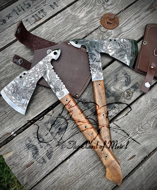 Viking Throwing Axe Set with Norse Engravings and Wooden Handles + Leather Sheaths Unique Blades Runner