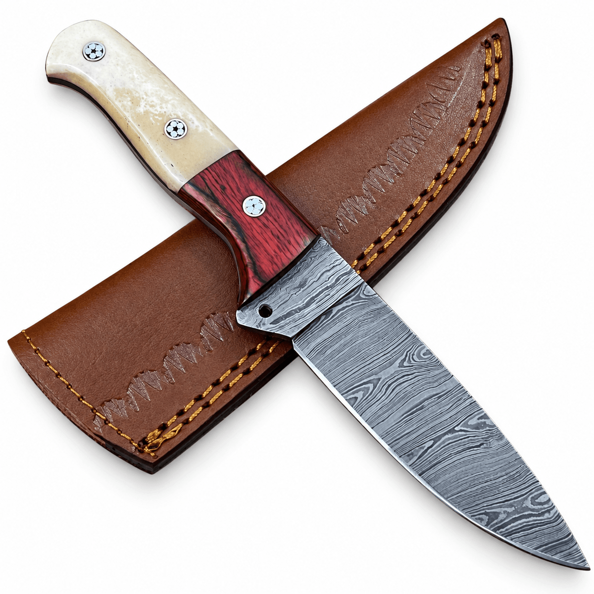 Bone handle hunting knife with Damascus drop point blade and mosaic pins
