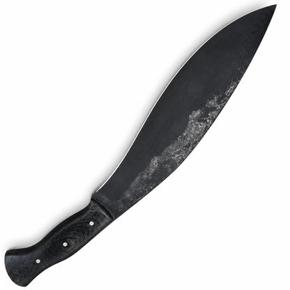 Recurved 1095 steel kukri blade shown beside its leather sheath
