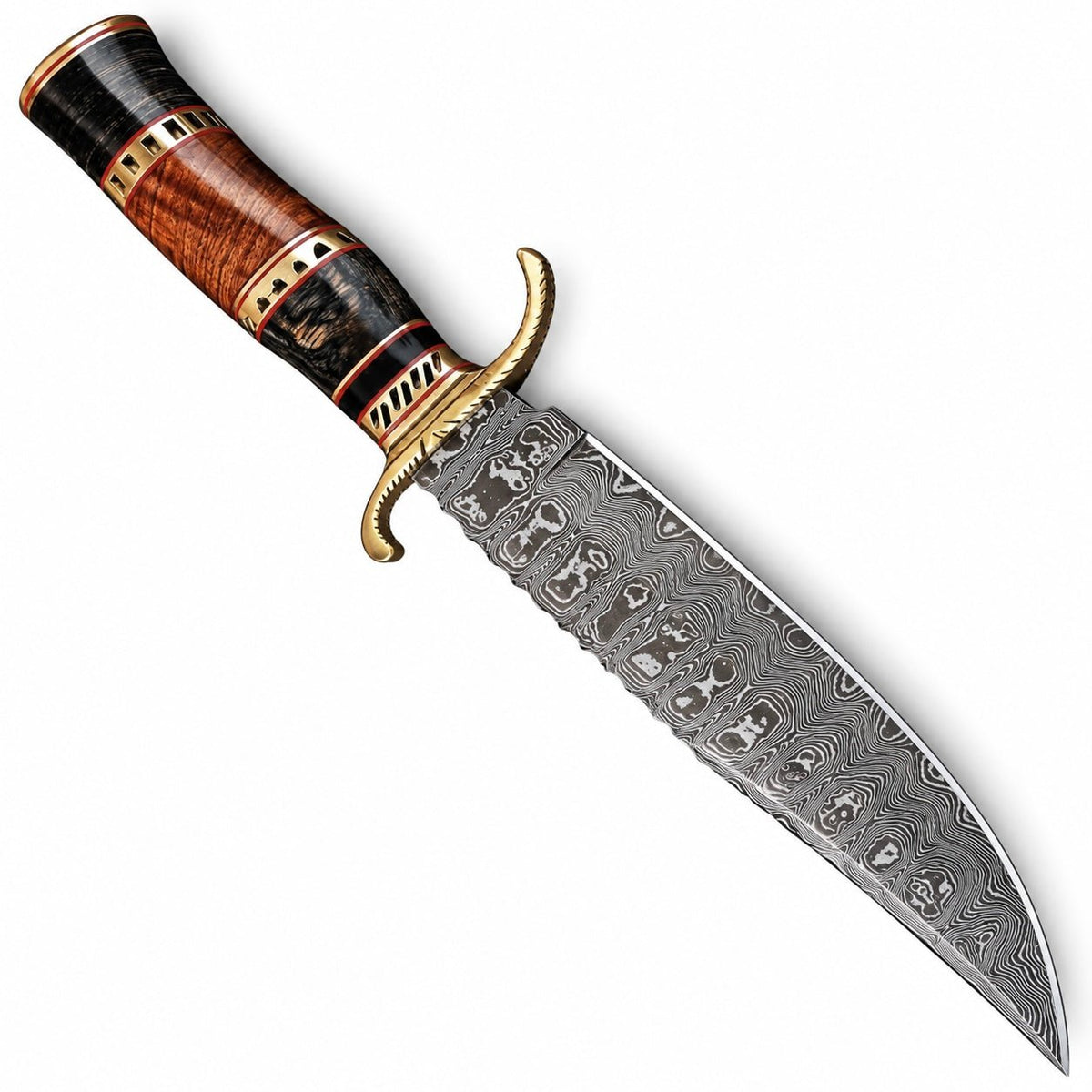 Wavy layered pattern on an 8-inch Damascus Bowie blade