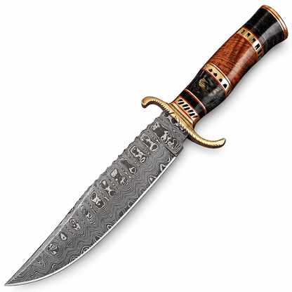 A fixed-blade knife with a patterned Damascus steel blade, a curved gold-toned guard, and a multi-colored wooden handle with dark brown, black, and reddish-brown sections, shown on a plain white background.