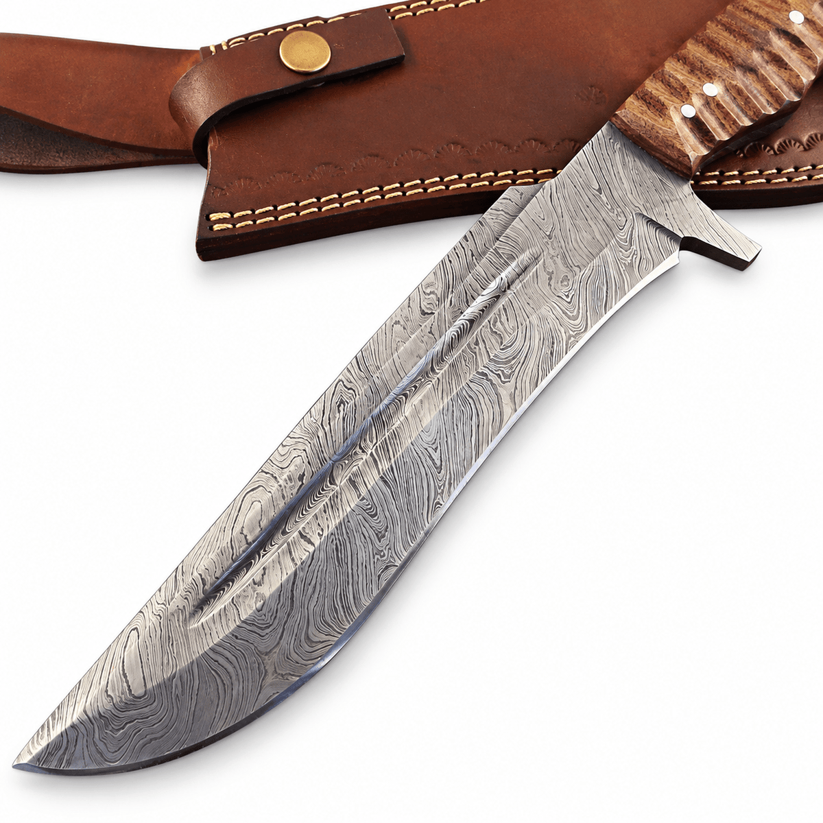 Ridged orange-brown micarta handle with white pins and lanyard hole
