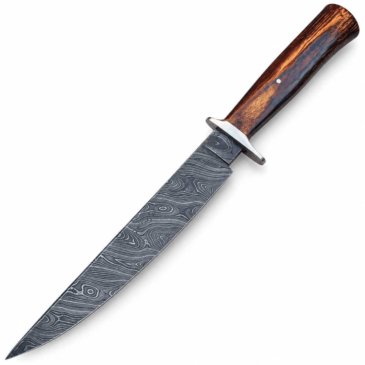 Natural stag horn handle on a full tang Damascus Bowie knife