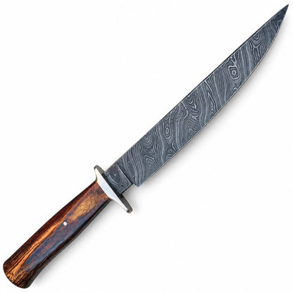18-inch Damascus Bowie knife beside its leather sheath