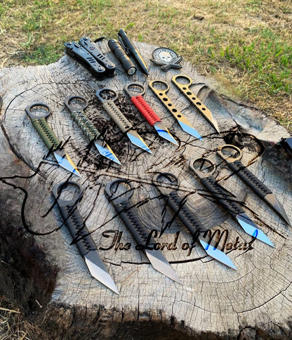 Mini EDC Knife Set of 10 – Paracord Wrapped Tactical Neck Knives with Ring Grip Unique Blades Runner
