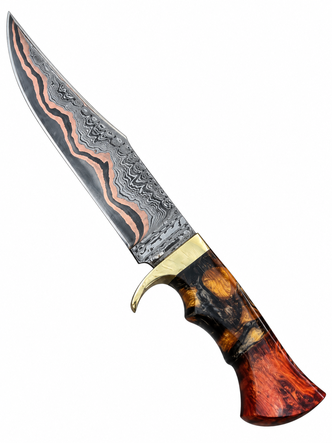 Copper Damascus Bowie Knife – Handmade, Resin Handle, Leather Sheath