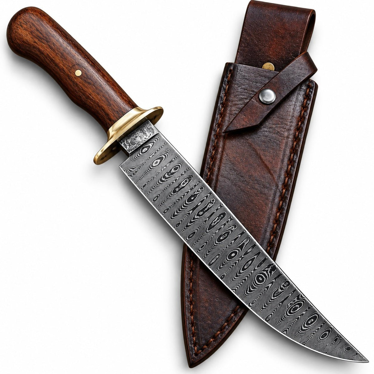 Handcrafted Damascus Bowie knife with rosewood handle, 15 inches overall
