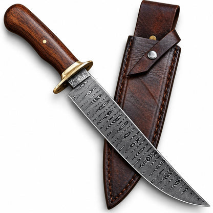 Handcrafted Damascus Bowie knife with rosewood handle, 15 inches overall