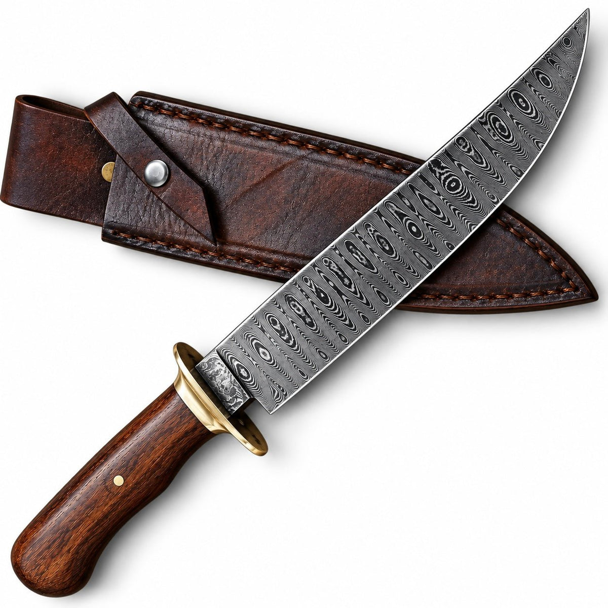 Damascus Bowie knife beside its original leather sheath