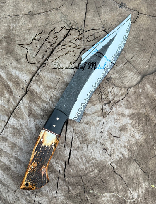 Custom Stag Handle Bowie Knife with Forged Blade & Wave Edge Pattern Unique Blades Runner