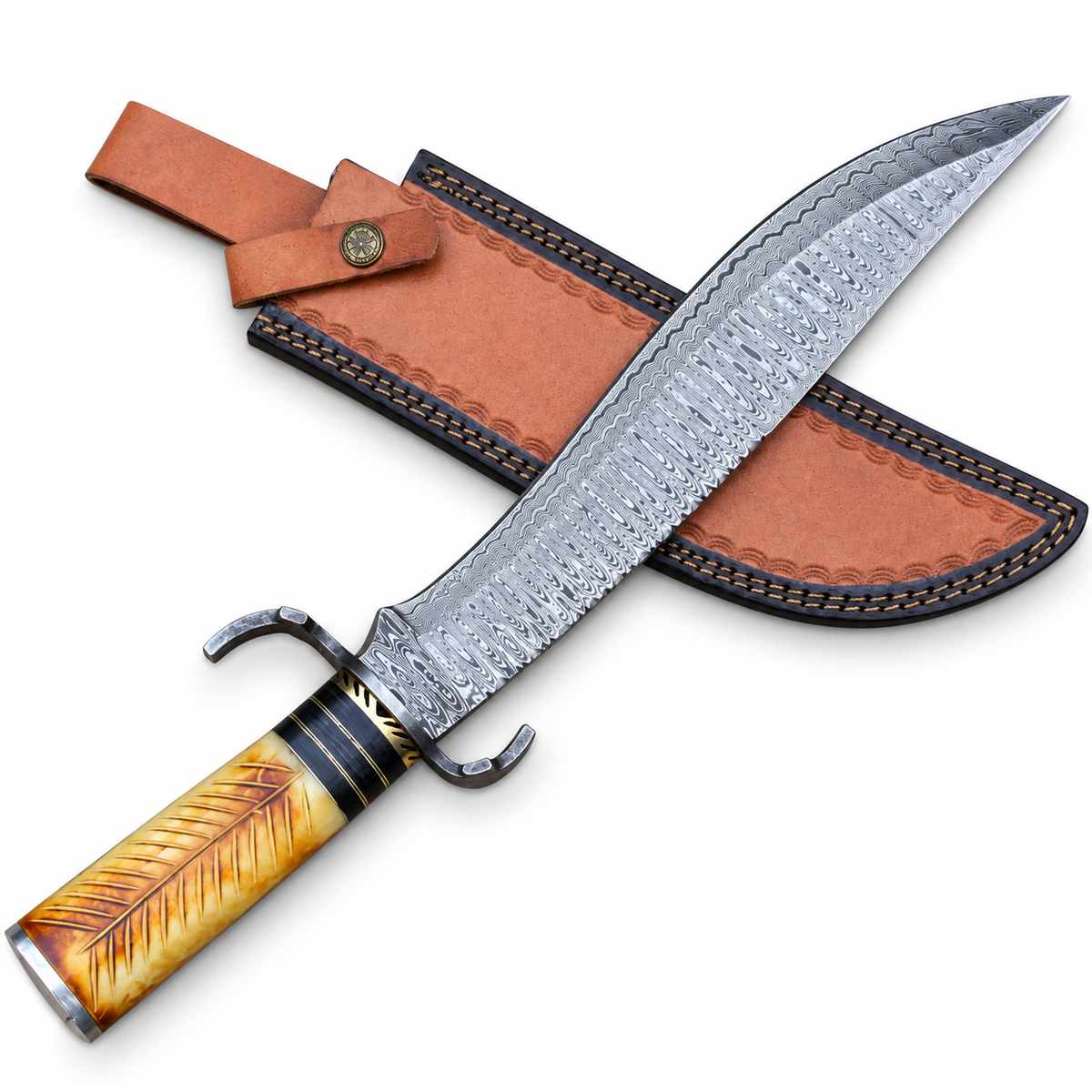 Large Bowie knife with carved camel bone handle and brass and black spacers
