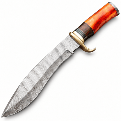 15 inch Damascus knife with curved blade and flowing layered pattern

