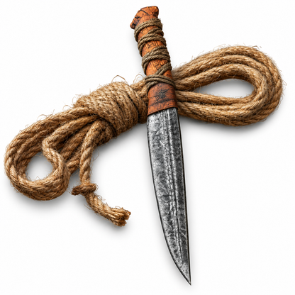 Atreus knife replica shown with its brown leather sheath
