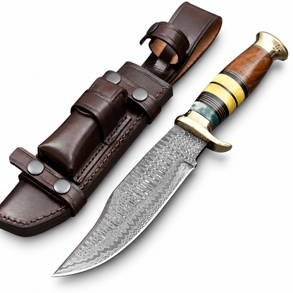 Stacked handle in cream-yellow and teal bone with brown wood, brass rings and pommel cap
