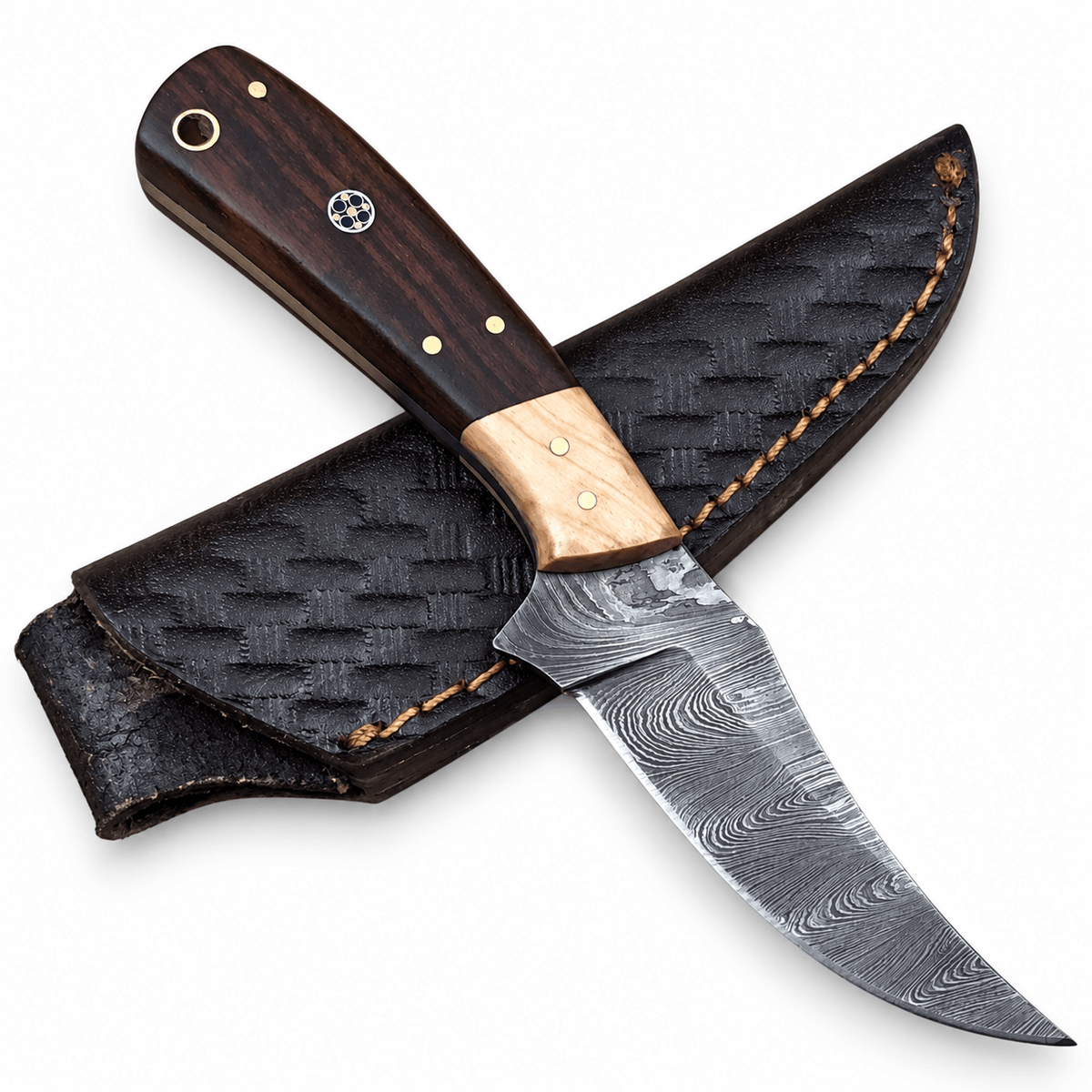 Two-tone wood handle with brass pins, inlaid medallion and lanyard hole
