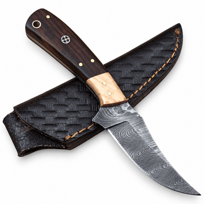 Two-tone wood handle with brass pins, inlaid medallion and lanyard hole
