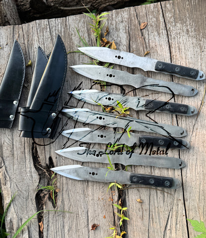 Set of 6 Handmade Throwing Knives – Full Tang High Carbon Steel with Leather Sheaths