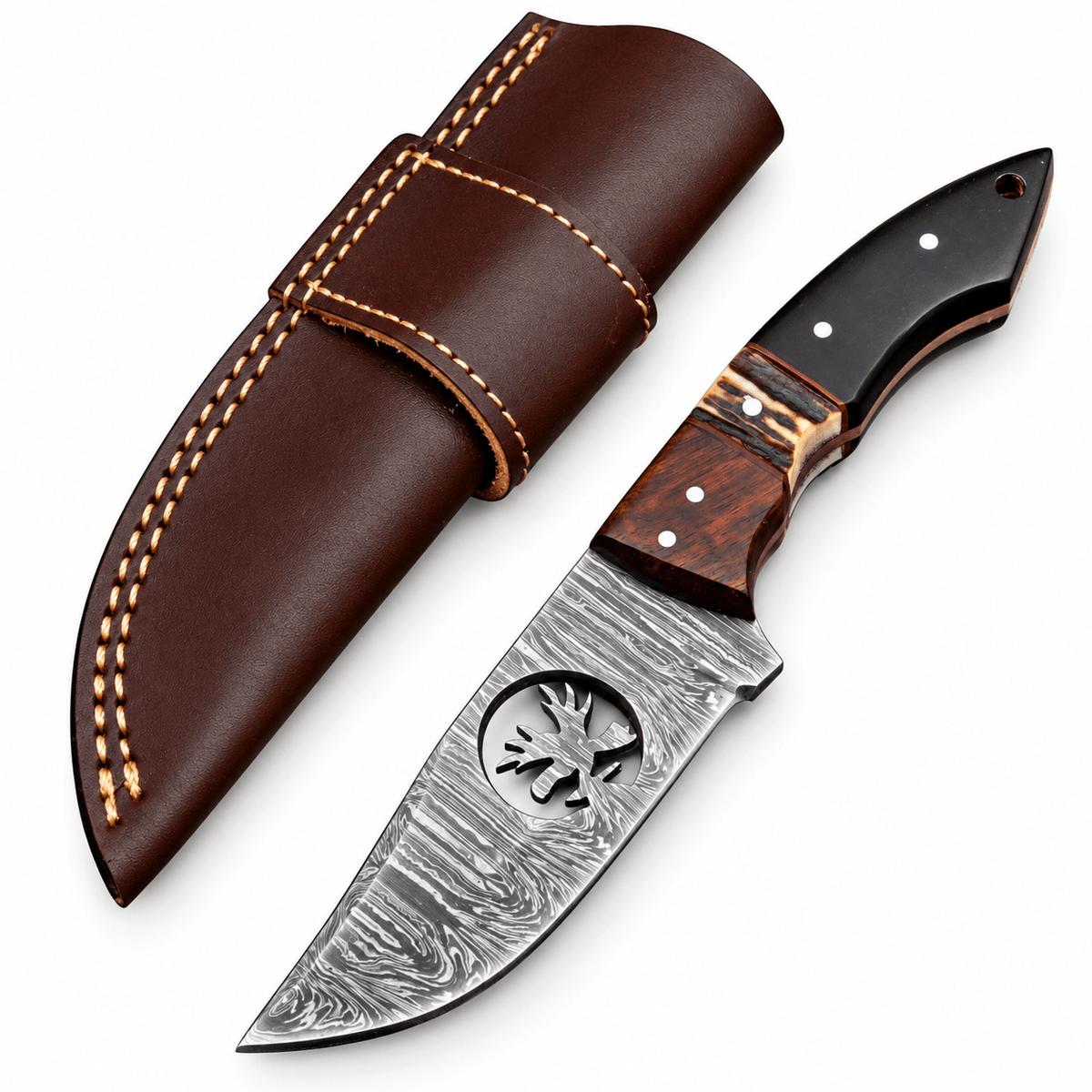 Damascus skinner knife blade with antler silhouette cutout and layered pattern
