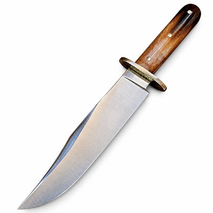 Large Bowie knife with hammered brass spacer between guard and antler grip

