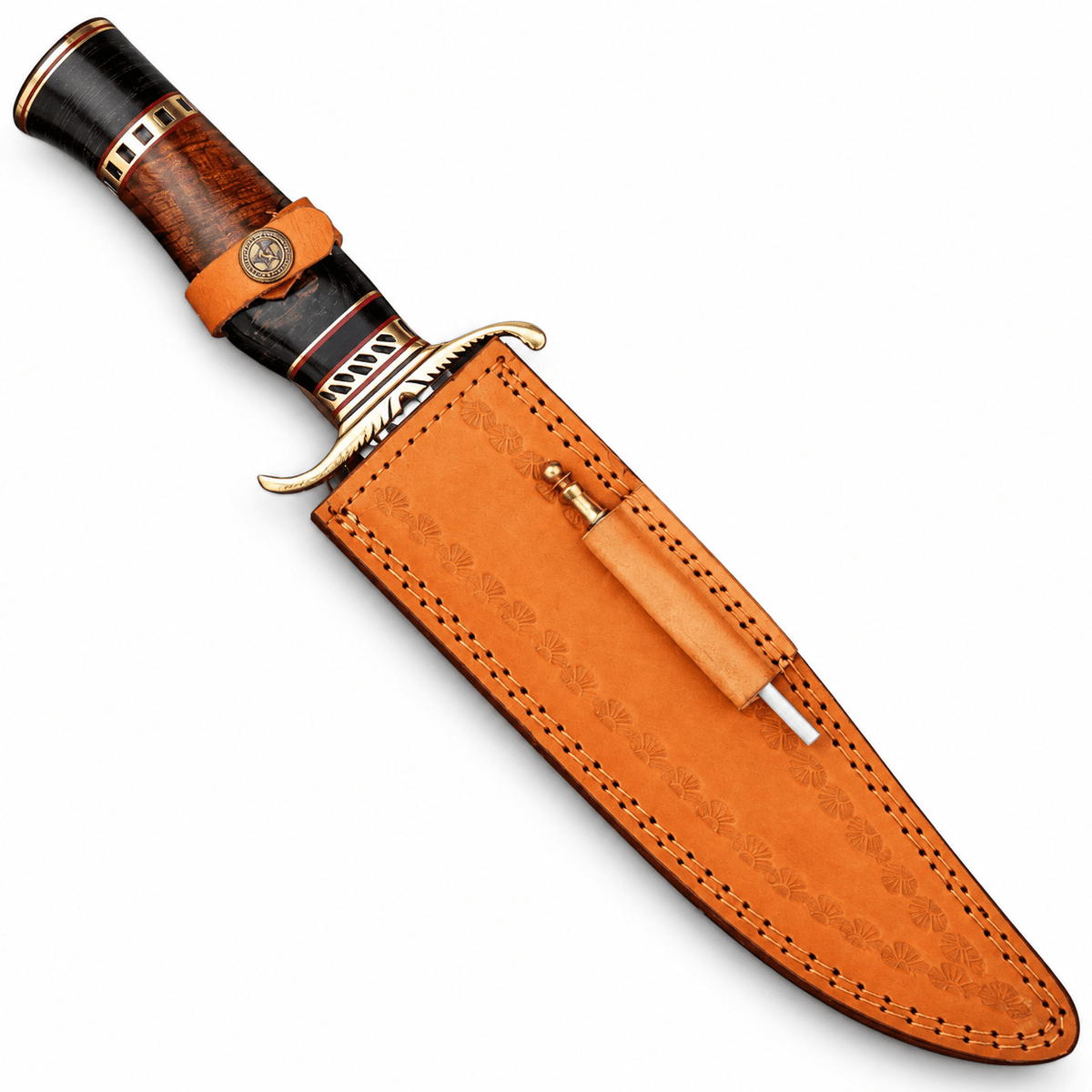 A traditional fixed-blade knife with a dark wood and black handle, brass guard and pommel, shown with its tan leather sheath on a white background.