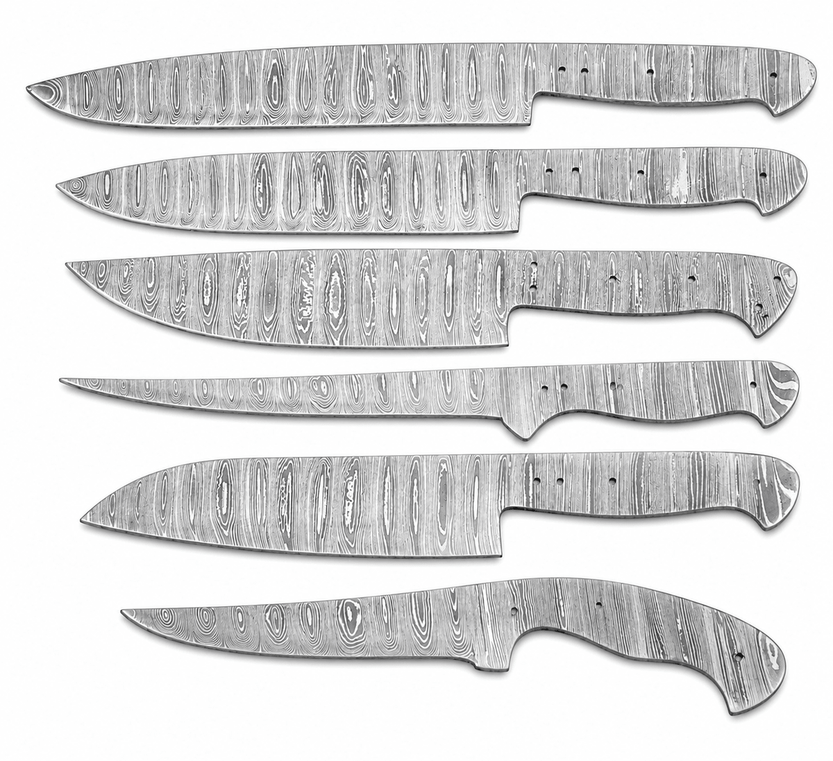 Layered Damascus pattern on heat treated chef knife blank