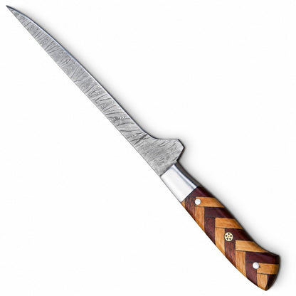 Five-inch wooden handle on a custom Damascus fillet knife
