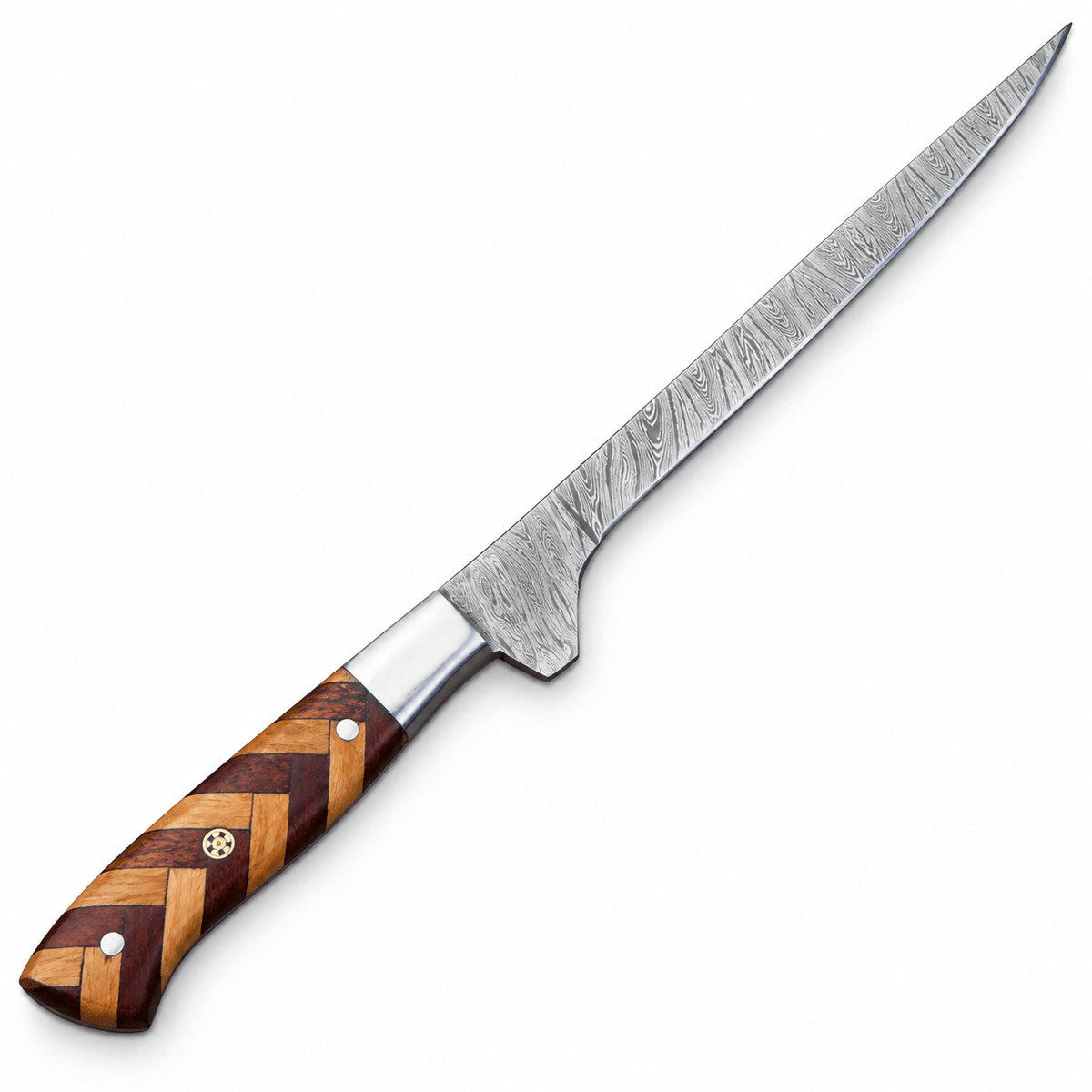 Damascus fillet knife, 14 inches overall, beside its leather sheath
