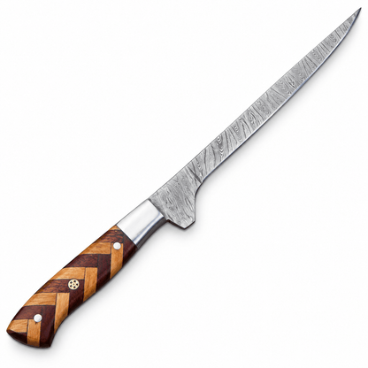 Damascus fillet knife, 14 inches overall, beside its leather sheath