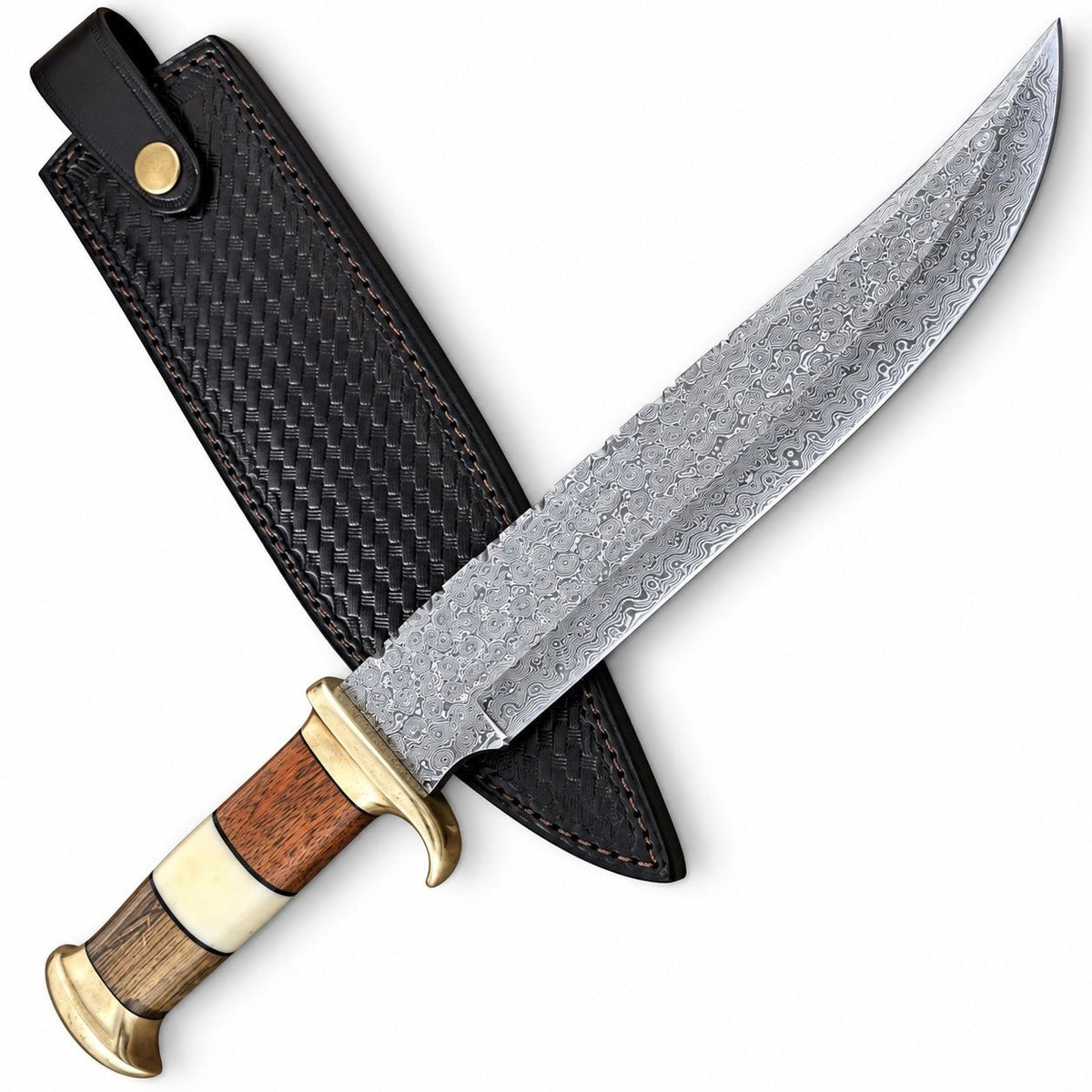 Big Bowie knife showing the layered pattern of its Damascus steel blade
