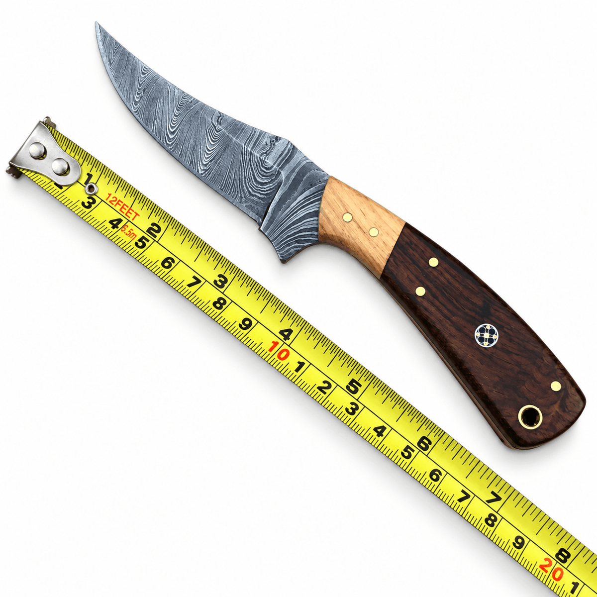 Black embossed leather sheath with tan cord stitching beside a small fixed blade knife