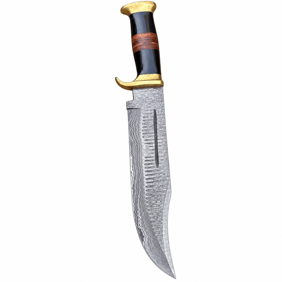 Black horn and stacked leather handle with curved brass guard and pommel cap