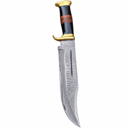 Black horn and stacked leather handle with curved brass guard and pommel cap