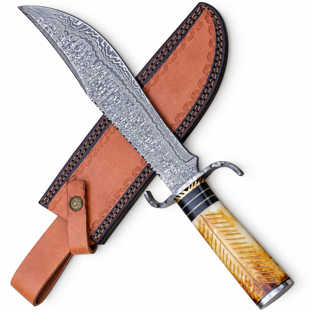 Bone handle Bowie knife beside brown leather sheath with snap strap
