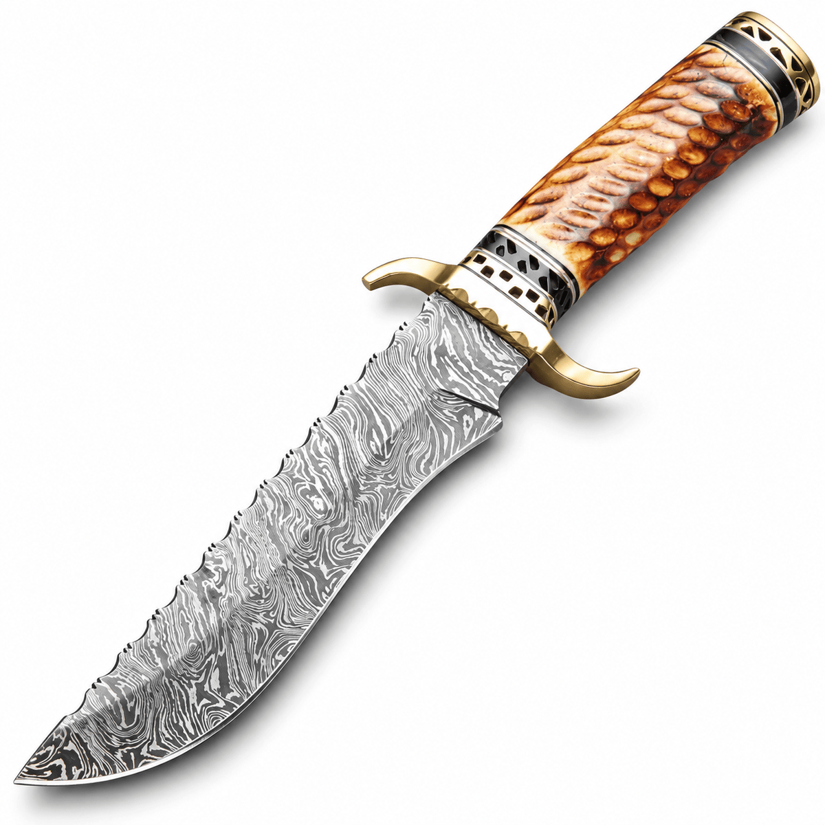 Bowie knife Damascus steel blade with brass guard and camel bone handle
